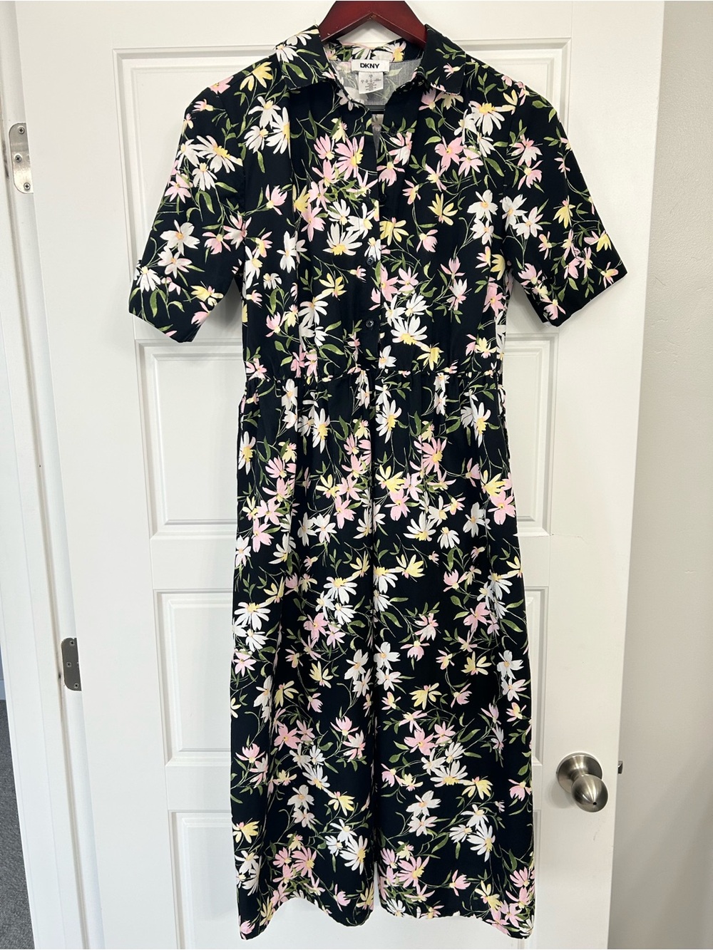 DKNY 100% Cotton Black Floral Short Sleeve Belted Shirtdress Midi – Size US 4